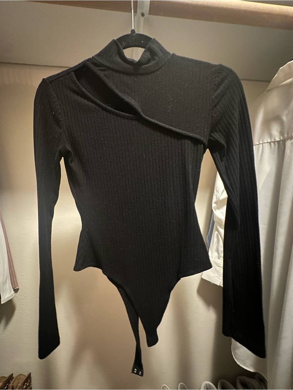 SO Black Ribbed Long Sleeve Asymmetric Cutout Bodysuit